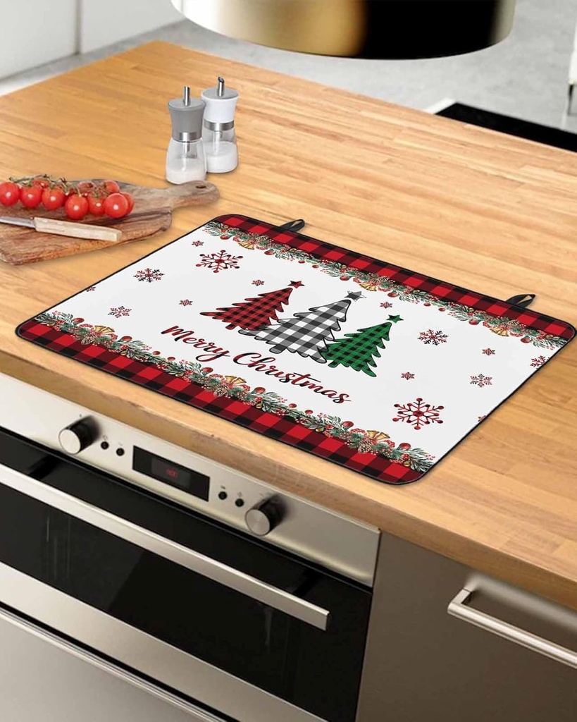 Christmas Countertop Burners Protection Mats for Kitchen, Christmas Trees Snowflakes Plaid Rubber Stove Top Cover Mat, Heat Proof Mats Cooktop Cover for Counter Dish Drying Mat, 36"x21"