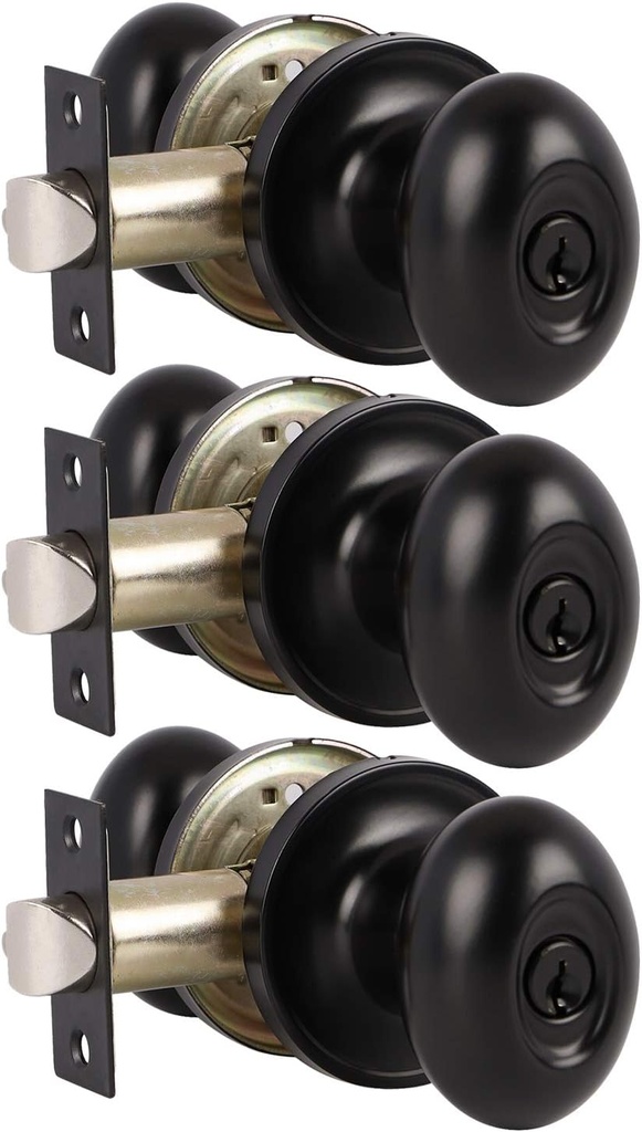 Probrico Oval Keyed Alike Entry Door Knobs,Egg Shape Entrance Locks in Flat Black Finish,Interior Door Lockset with Same Key,3 Pack
