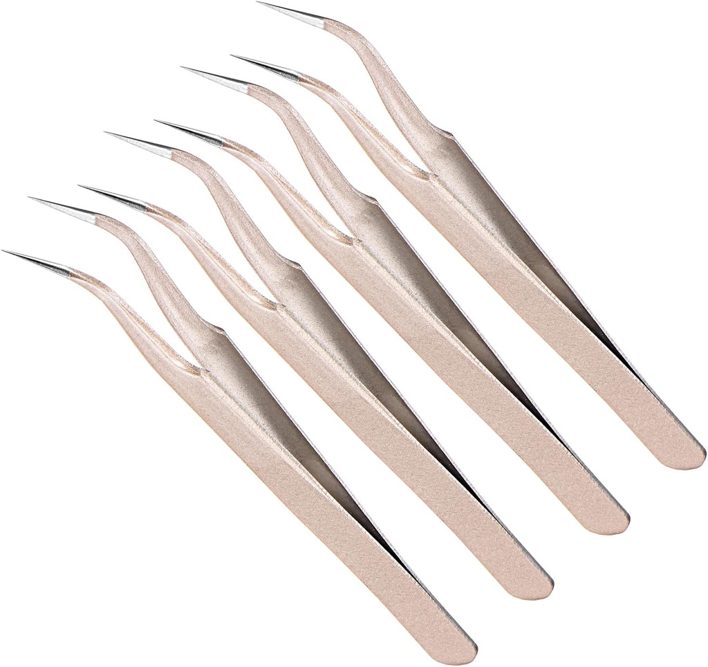 Stainless Steel Tweezer Curved Tip Anti-static Professional Precision Industrial Tweezers Champagne - (Application for Eyebrow Lab Crafts Soldering Electronics), 4-Pieces