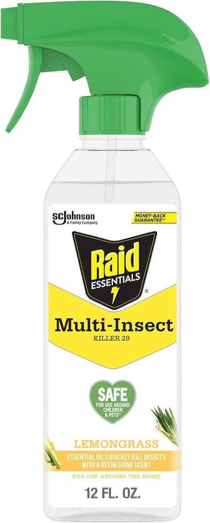 Raid Essentials Multi-Insect Killer Spray Bottle, Child and Pet Safe, for Indoor Use, Lemongrass Scent, 12 fl oz