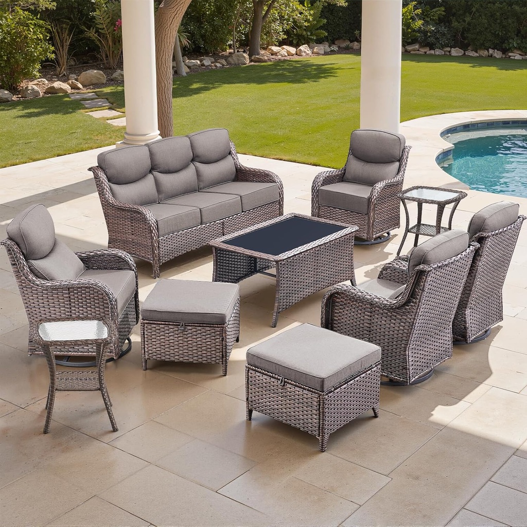Luxury High Back Outdoor Furniture with 6-inch Extra Thick Cushions, Patio Furniture Set with Swivel Chairs, 10 PCS Wicker Conversation Set for Yard, Deck, Poolside, Brown/Grey