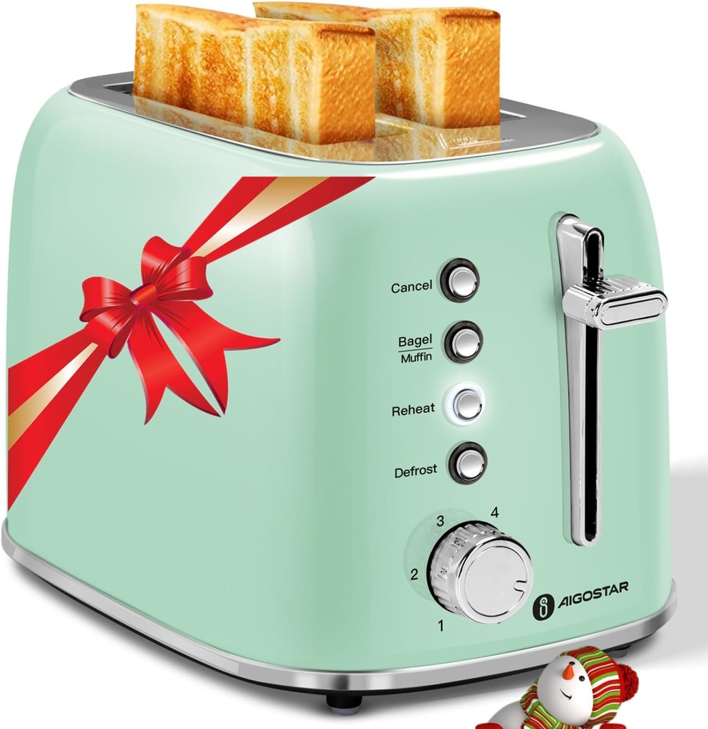 Aigostar Toaster 2 Slice Retro Toaster Stainless Steel, 1.6 inch Extra Wide Slots Bread Toaster Bagel, Cancel, Defrost Function, 6 Shade Settings & Removable Crumb Tray for Bread Waffle, Aqua Green