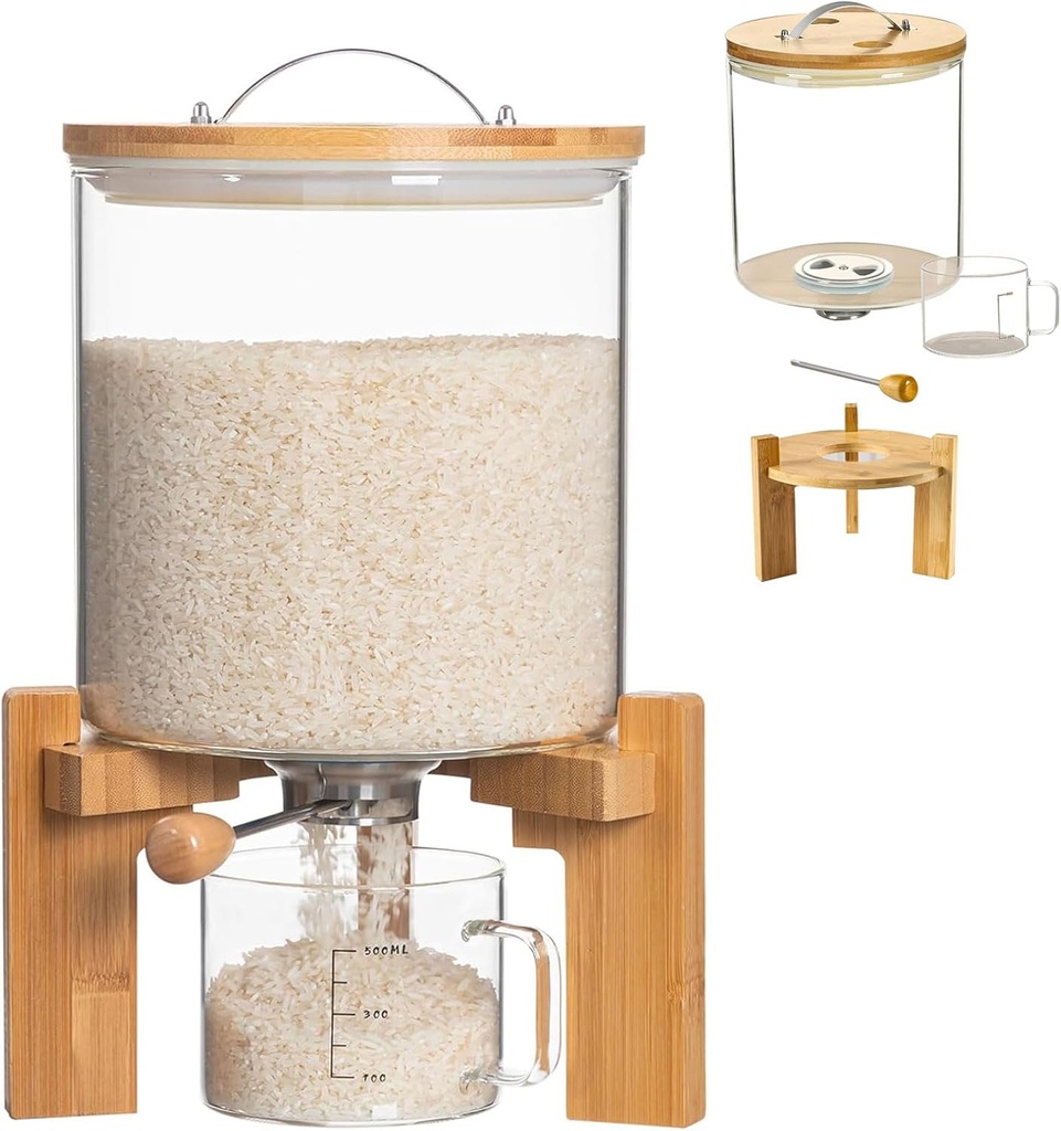 Glass Rice Dispenser 5L, Cereal Dispenser Countertop, Grain Dispenser/Food Storge Container for Kitchen and Pantry Organization, Cereal Dispenser with Bamboo Holder