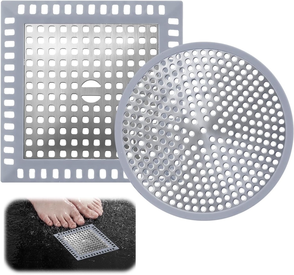 2PCS Shower Drain Hair Catcher Set - Round & Square Stainless Steel Drain Covers, Flat Hair Strainer for Bathroom, Kitchen Sink, Bathtub Drain Protection