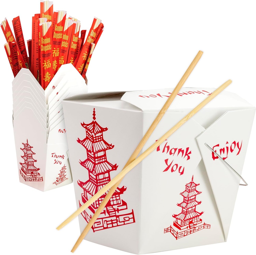 Avant Grub Durable 32 Oz Chinese Take Out Boxes. 25pk Food Containers With 25pk Sleeved and Separated Bamboo Chopsticks. Greaseproof Leakproof To-Go Containers. Great for Event Parties or Restaurants.