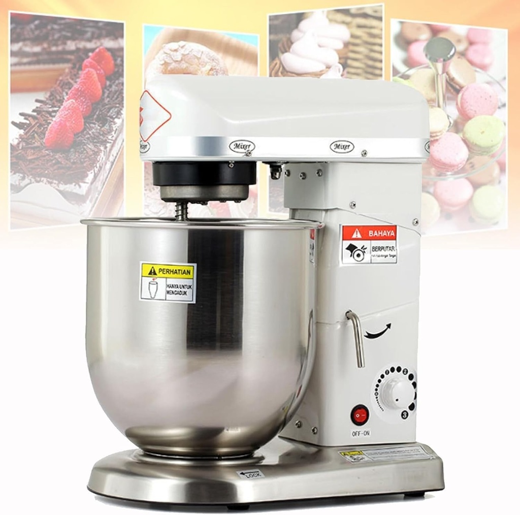Commercial food mixer with dough hook, electric stand mixer, 3 speed electric dough mixer for bread cake pizza baking multifunctional mixer(White,7L)