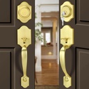 Moquin Brushed Gold Double Door Handle Set for Front Door, Gold Classic Double Front Door Lock Set with Dummy, Reversible Handle Lever for Entrance Exterior Doors, Satin Brass