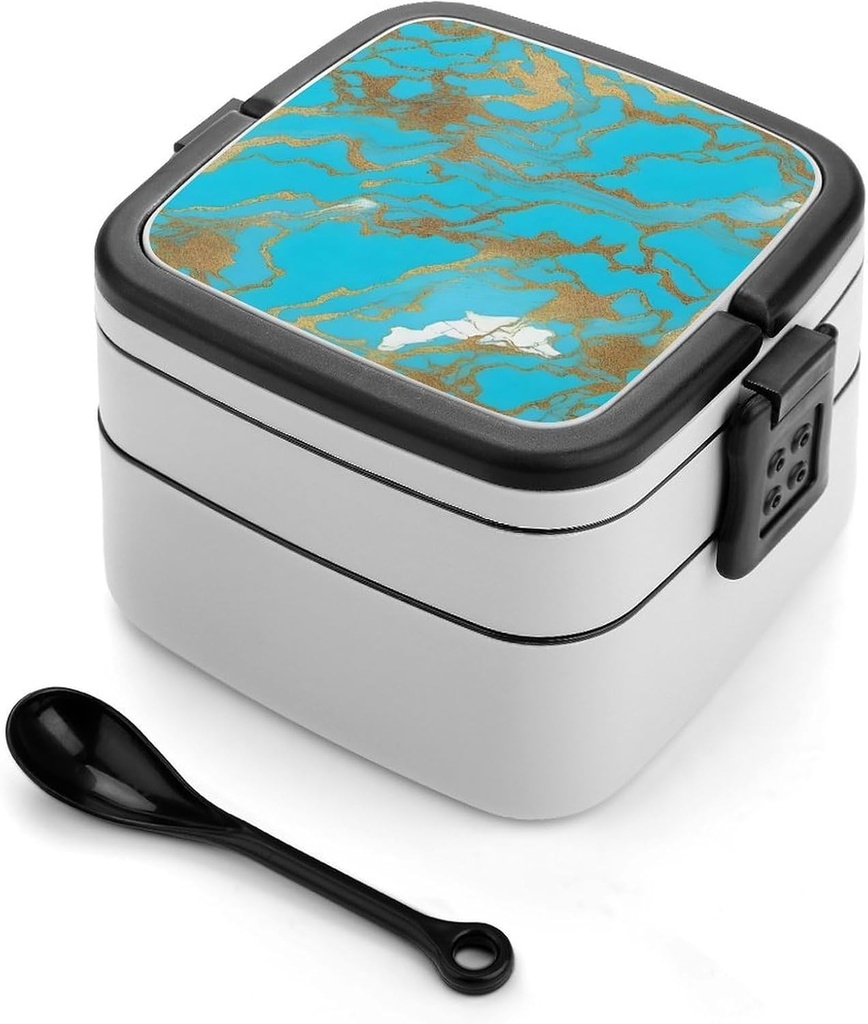 Turquoise Blue Gold Bento Box with Spoon, 2-layer Stackable Lunch Box Leak Proof with Invisible Handle, Insulated Food Storage for Office, Picnic & Travel