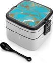 Turquoise Blue Gold Bento Box with Spoon, 2-layer Stackable Lunch Box Leak Proof with Invisible Handle, Insulated Food Storage for Office, Picnic & Travel