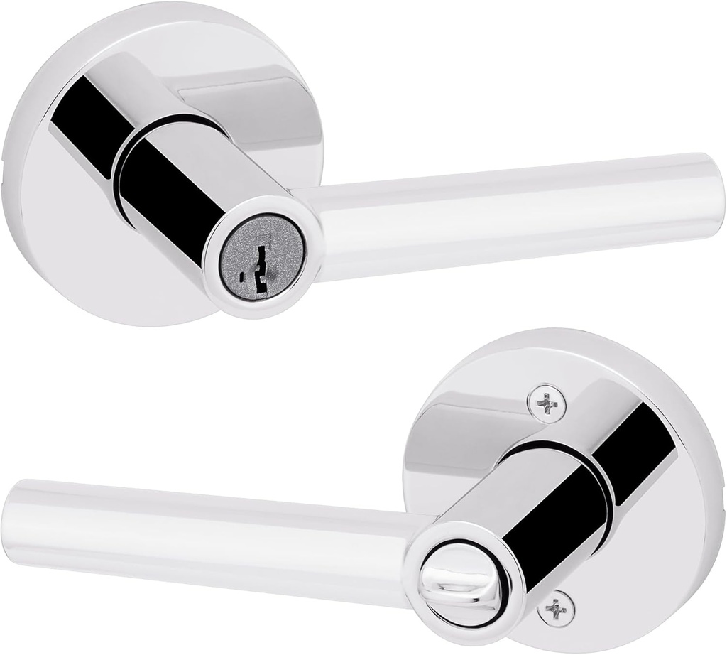 Kwikset Milan Entry Door Handle with Lock and Key, Secure Keyed Reversible Lever Exterior, Doorlock, For Front Entrance and Bedrooms, Polished Chrome, Pick Resistant Smartkey Rekey Security