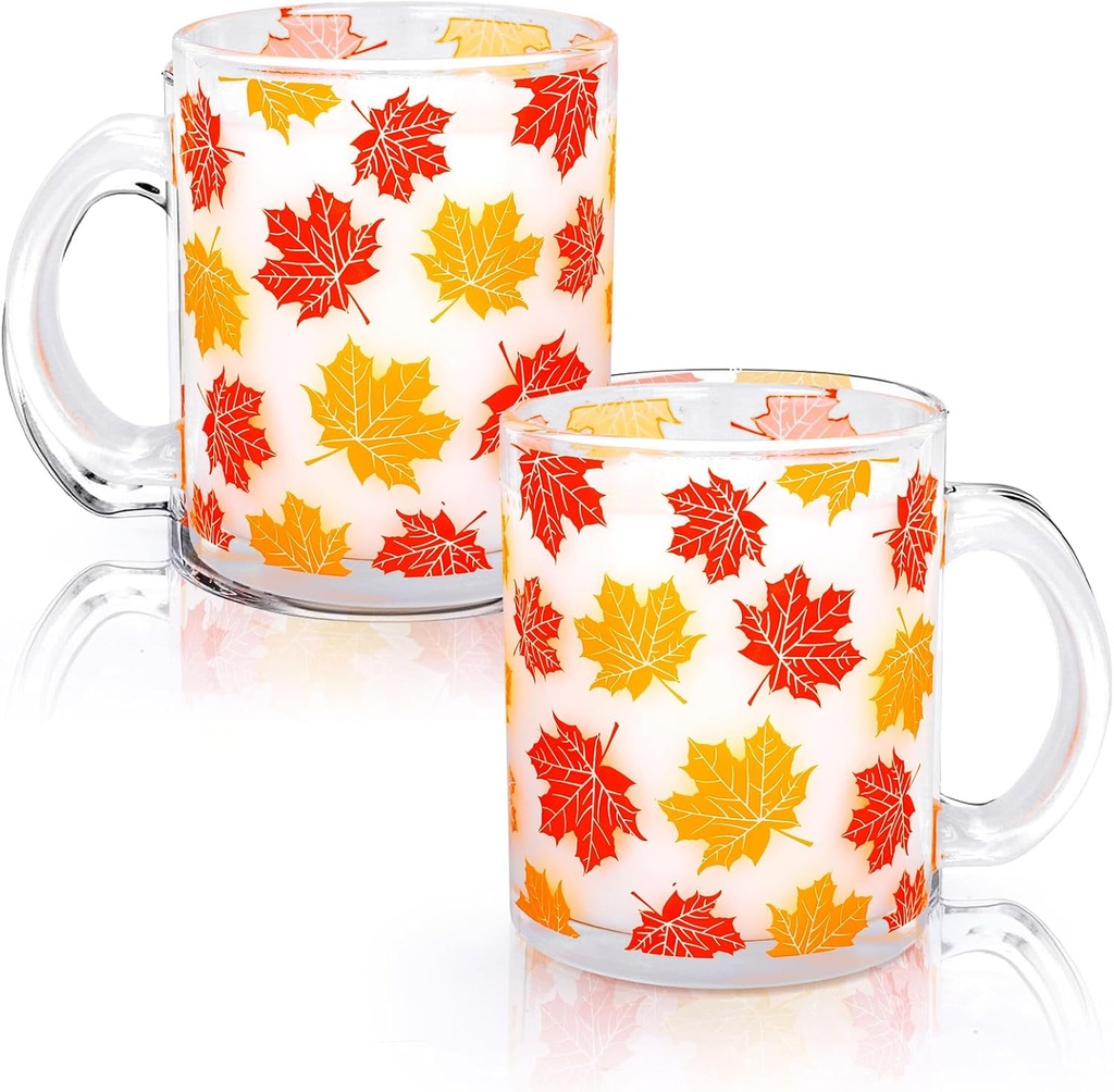 Whaline 2Pcs Fall Leaves Glass Coffee Mugs Thanksgiving 12Oz Colorful Maple Leaves Coffee Cups Beverage Drinking Glass for Hot Cold Drinks Cappuccino Tea Autumn Harvest