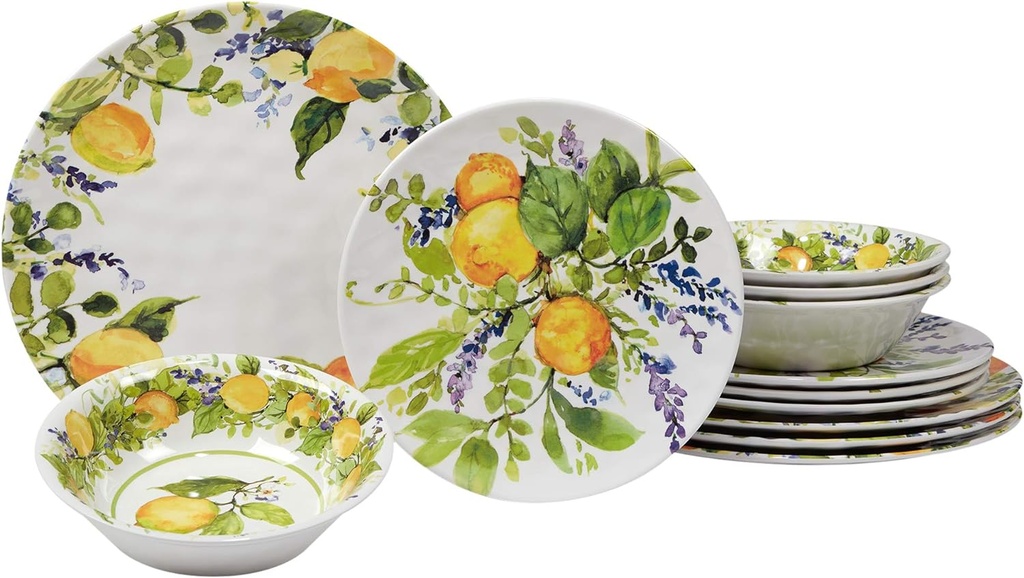Lemon Zest 12-Piece Melamine Dinnerware Set, Service for 4 – Unbreakable Outdoor Plates & Bowls for Patio Dining, Summer BBQs, Poolside Meals, Picnics, Everyday Family Use & Entertaining