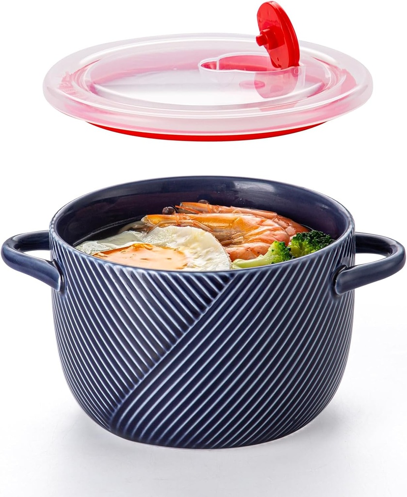 Ceramic Soup Bowl with Lid & Handle: 32 oz Large Kitchen Container for French Onion Meal Prep Cereal Ramen Oatmeal Dorm Living Single Serve Dinner Work Lunch Food Storage - Navy 1 PCS