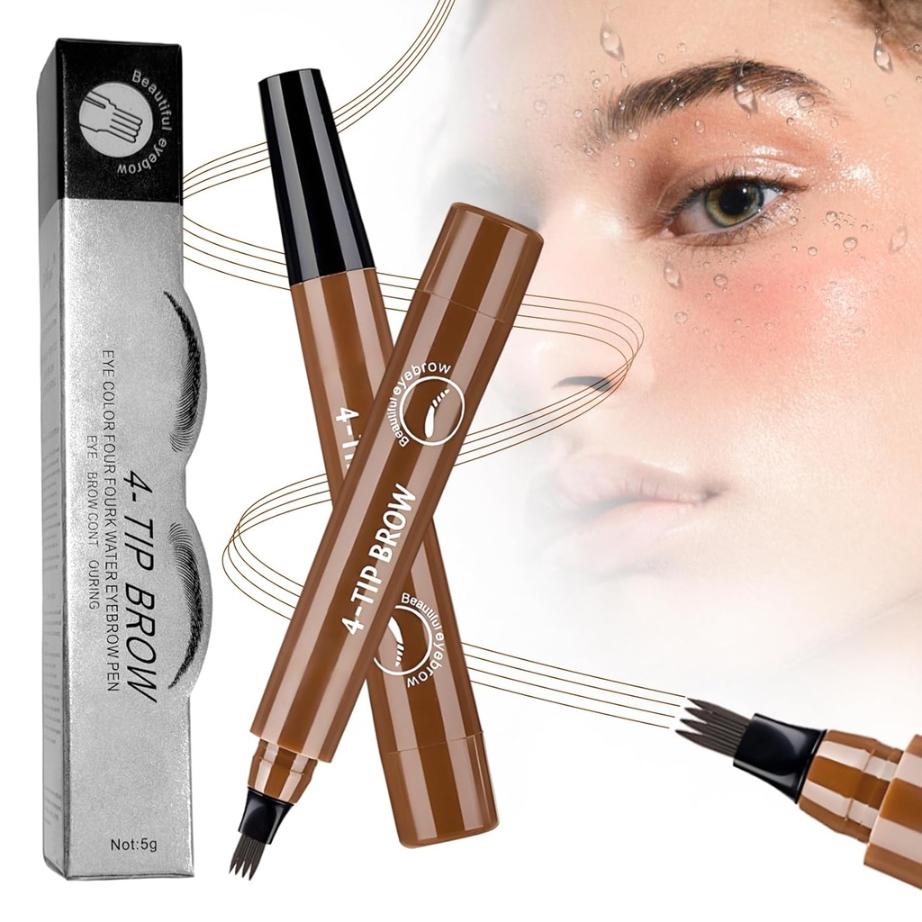 Microblading Eyebrow Pencil, 2025 Upgraded Waterproof Four-tip Beard and Eyebrow Pen, Long Lasting 3D Eye Brow Pencils for Women Natural Hair-Like Strokes (Dark Brown)