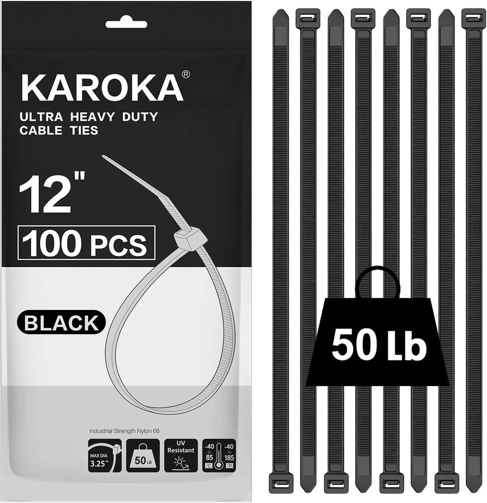 Zip Ties 12 inch (100 Pack), Black, 50 lb, UV Resistant Cable Ties for indoor and outdoor use, by Karoka