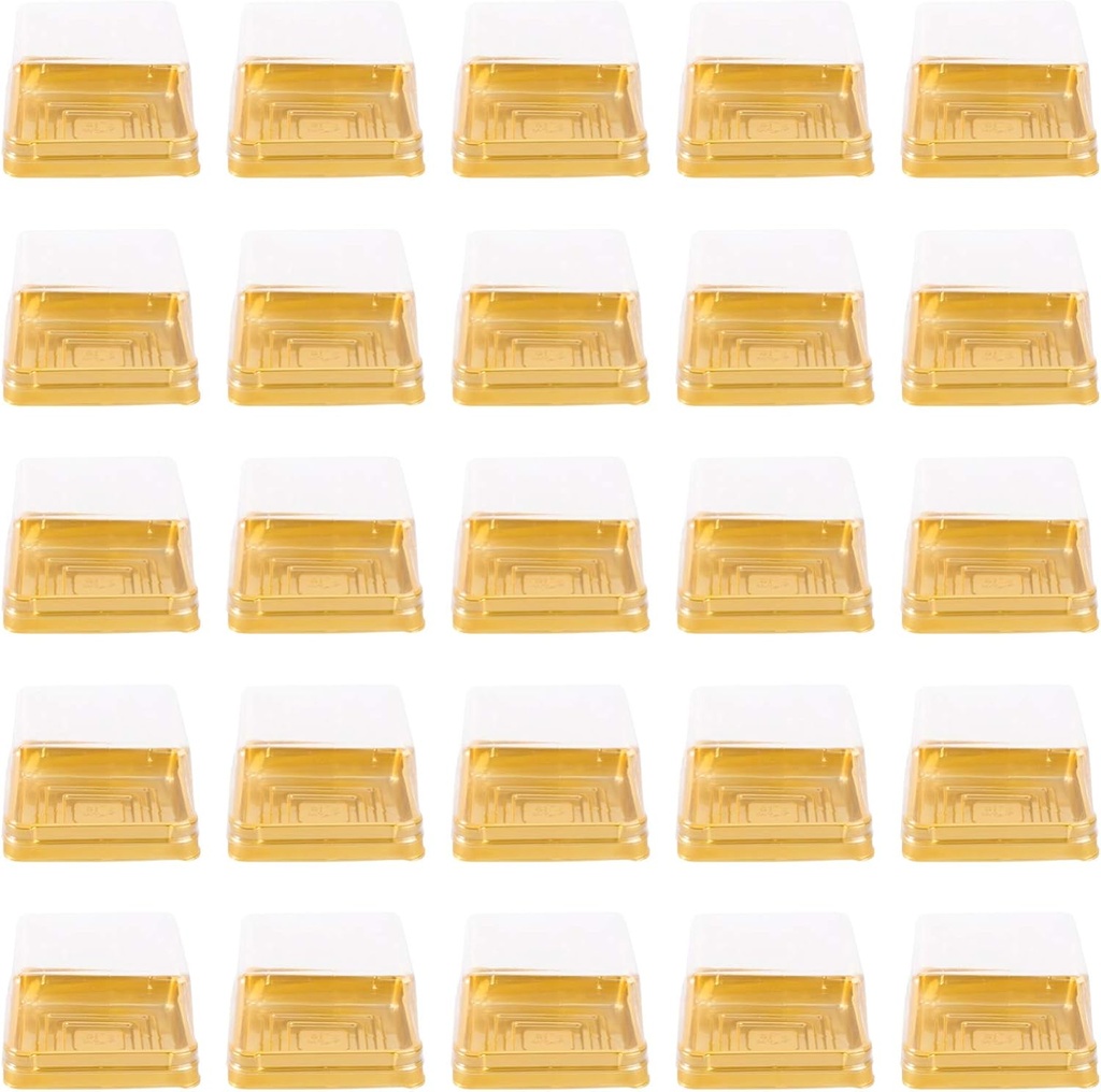Luxshiny Charcuterie Cups 50 Pcs Clear Plastic Mini Cake Boxes Muffins Boxes Moon Cake Boxes Cupcake Holder Wedding Birthday Boxes for Cheese Pastry Dessert Mooncake Golden Dessert Containers