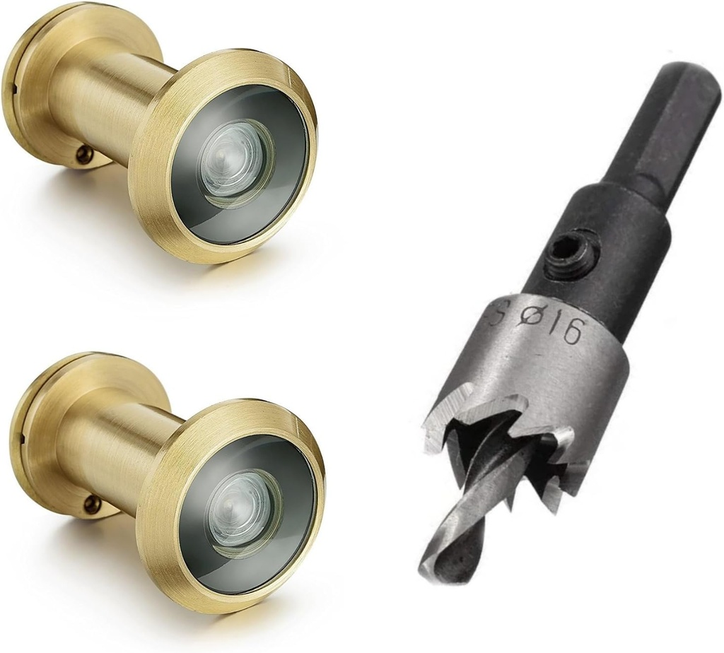 TOGU 2PCS of 220-degree Solid Brass Peep Holes for Door with 16mm Drill Bit, 0.63 inch Door Peephole with Privacy, Compatible with Door Thick from 1-3/8" to 2-1/6", Satin Gold Finish