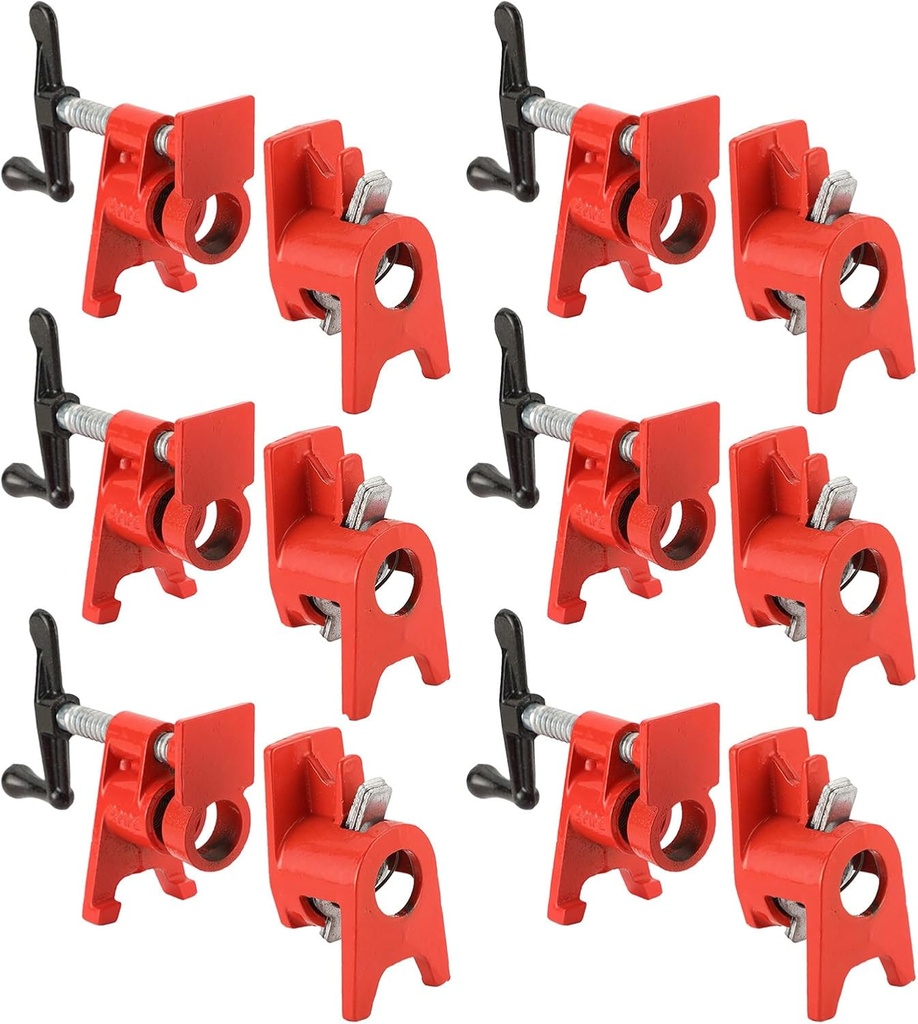 3/4" Wood Gluing Pipe Clamp Set with Unique Foot Design Red Heavy Duty Bar Clamps Cast Iron Quick Release Pipe Clamp Tools for Woodworking (6pc, 3/4" with foot)