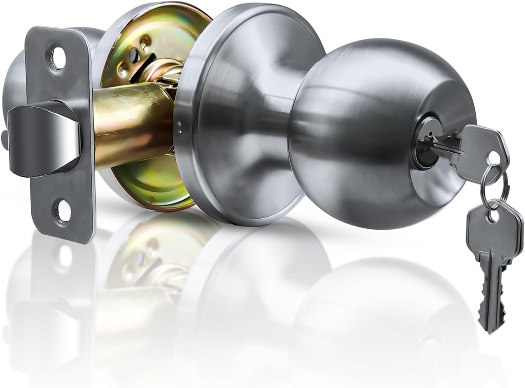 Rerishom Door Knob Set with Lock, Stylish and Durable Door Handle for Interior and Front Door, Complete Front Door Lock Set with Secure Door Knob in Satin Nickel Stainless, Keyed Entry, Pack of 1