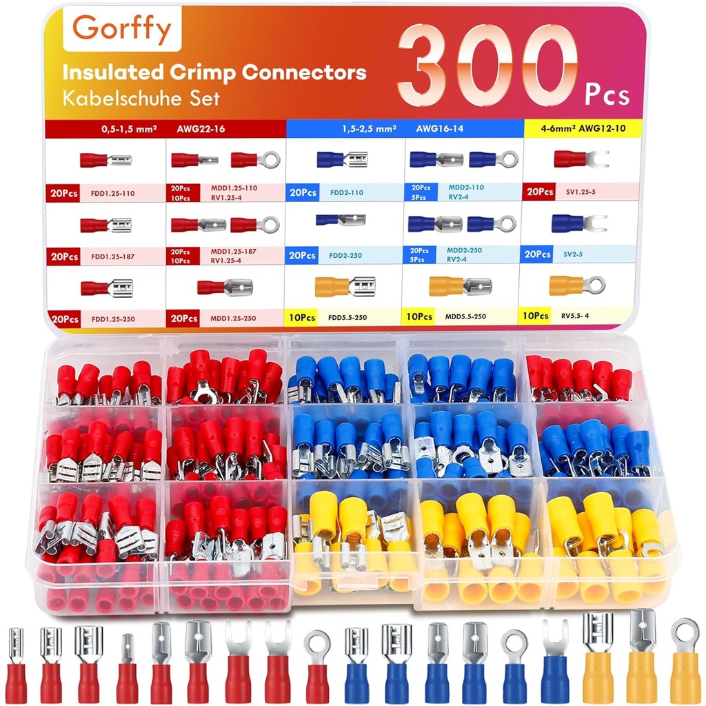300PCS Wire Connectors Kit, Male and Female Spade Connectors, 17 Types Electrical Connector Kit 0.5-6.0mm², Insulated Terminal Connector, Includes Spade Ring Fork Wire Terminal