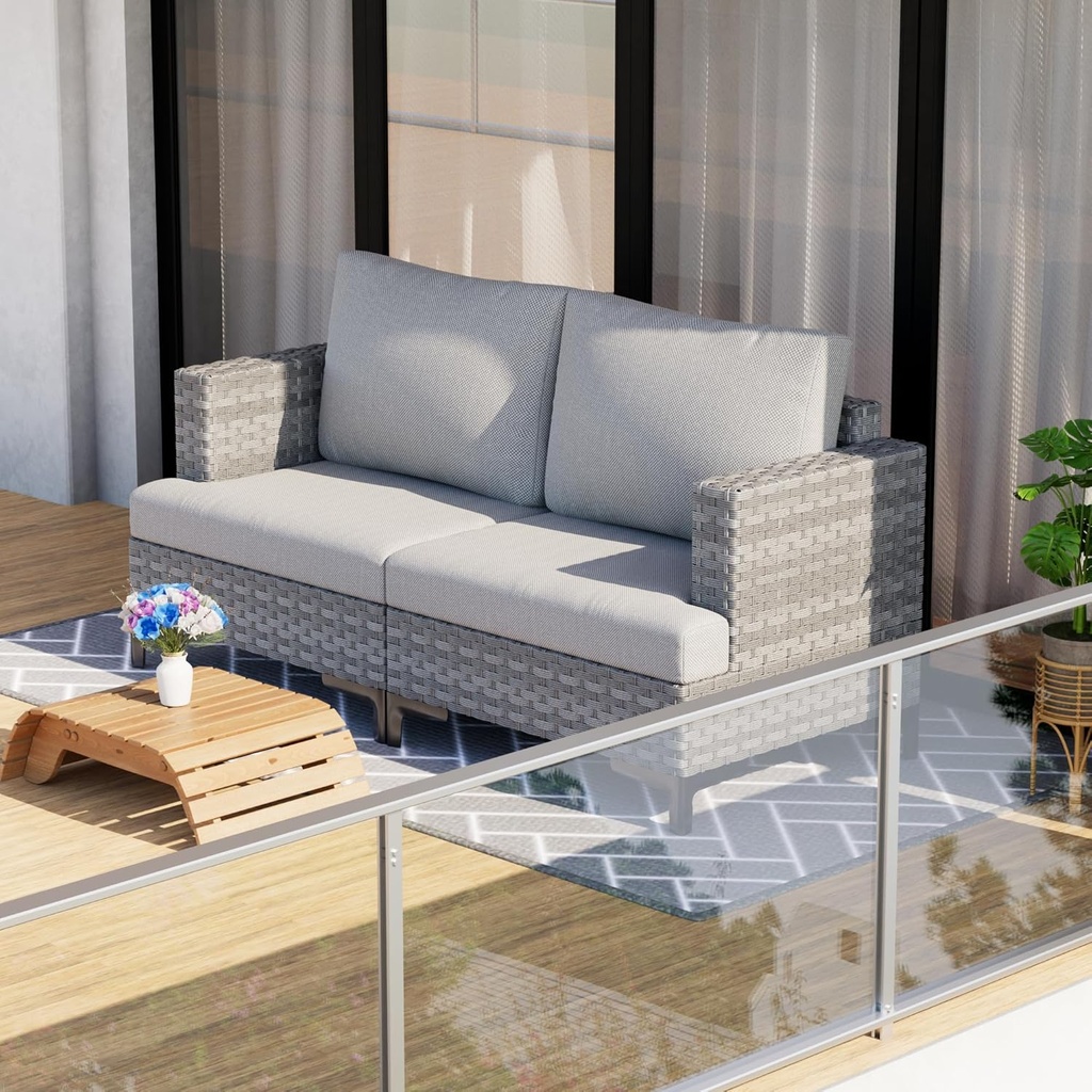 2 Seat Patio Sofa All Weather Outdoor Sectional with Thick Cushions Wicker Patio Conversation Set for Backyard, Deck, Garden