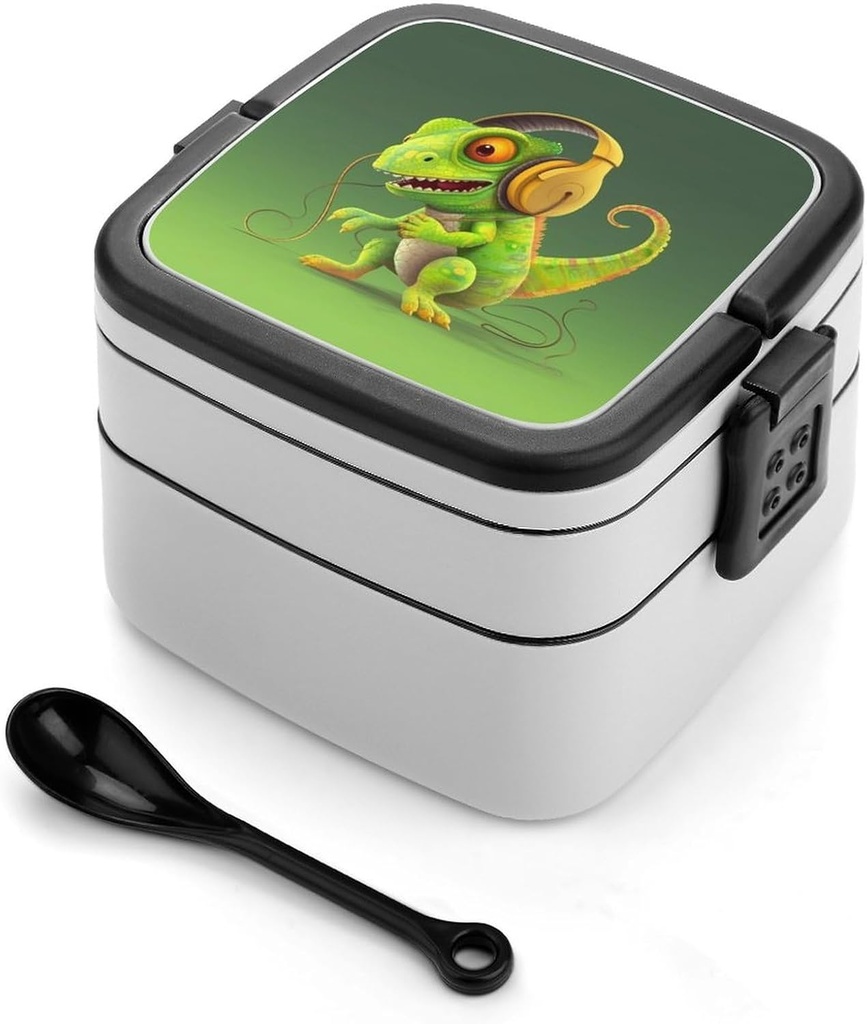 Bento Lunch Box for Women Lunch Containers for Adults Chameleon Listen Music Double Layered Lunchbox Large Capacity Bento Box with Cutlery for Work Picnic Camping Travel