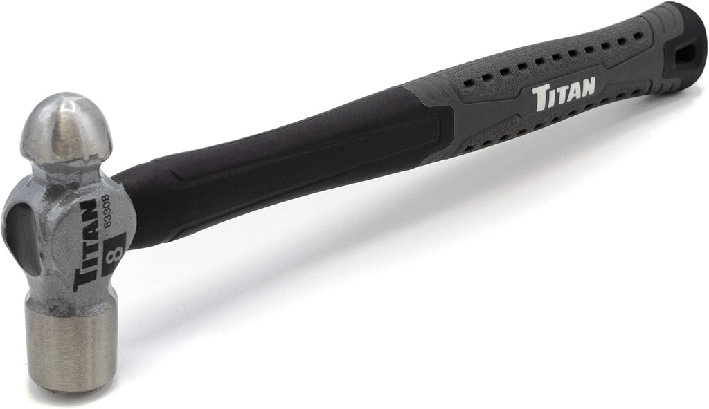 Titan 63308 8oz Ball Pein Hammer, Forged Steel Head, 11" Shock Absorbing Fiberglass Handle with Textured Rubber Grip