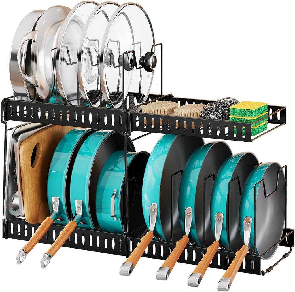 Expandable Pots and Pans Organizer Under Cabinet, Adjustable Divider Pot Lid Holder for Kitchen Organization and Storage, Pan Lid Rack Organizer Inside Cabinet for Cookware, Bakeware