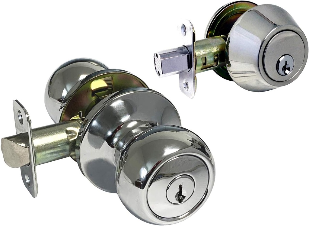 Polished Chrome Entry Entrance Keyed Round Knob Handle with Matching Single Cylinder Deadbolt Combo Pack (1 Set)
