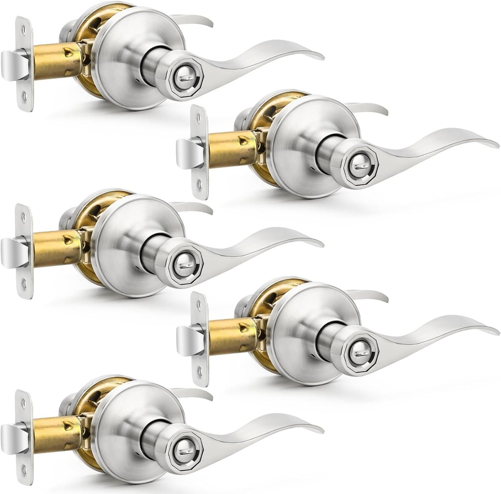 5 Pack Brushed Nickel Door Handles Privacy Door Levers, Heavy Duty Bed and Bath Door Locks Interior Door Knobs, Reversible Keyless Wave Lever Door Handles