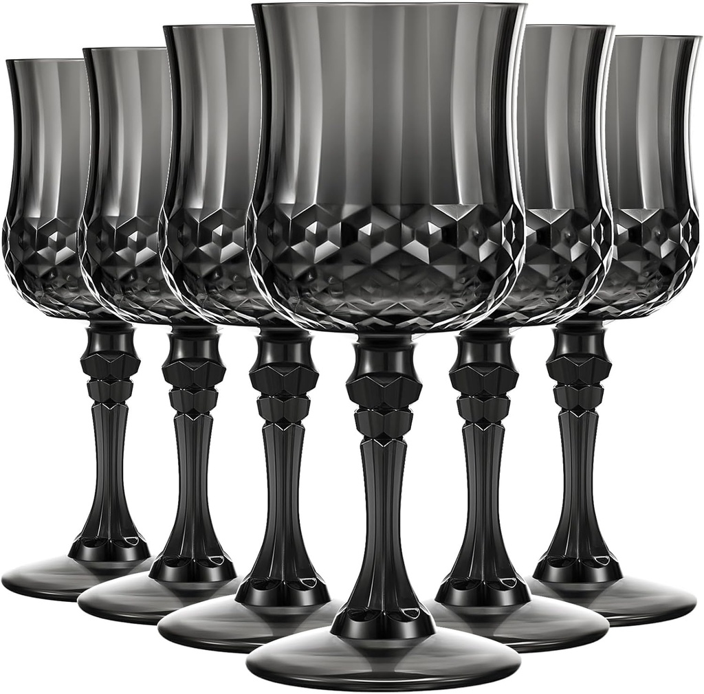 Pinkunn 6 Pcs 7 OZ Plastic Vintage Wine Glasses Reusable Colored Goblets Patterned Drinking Water Glasses Cup Dishwasher Safe for Halloween Wedding Reception Party Supplies (Black)