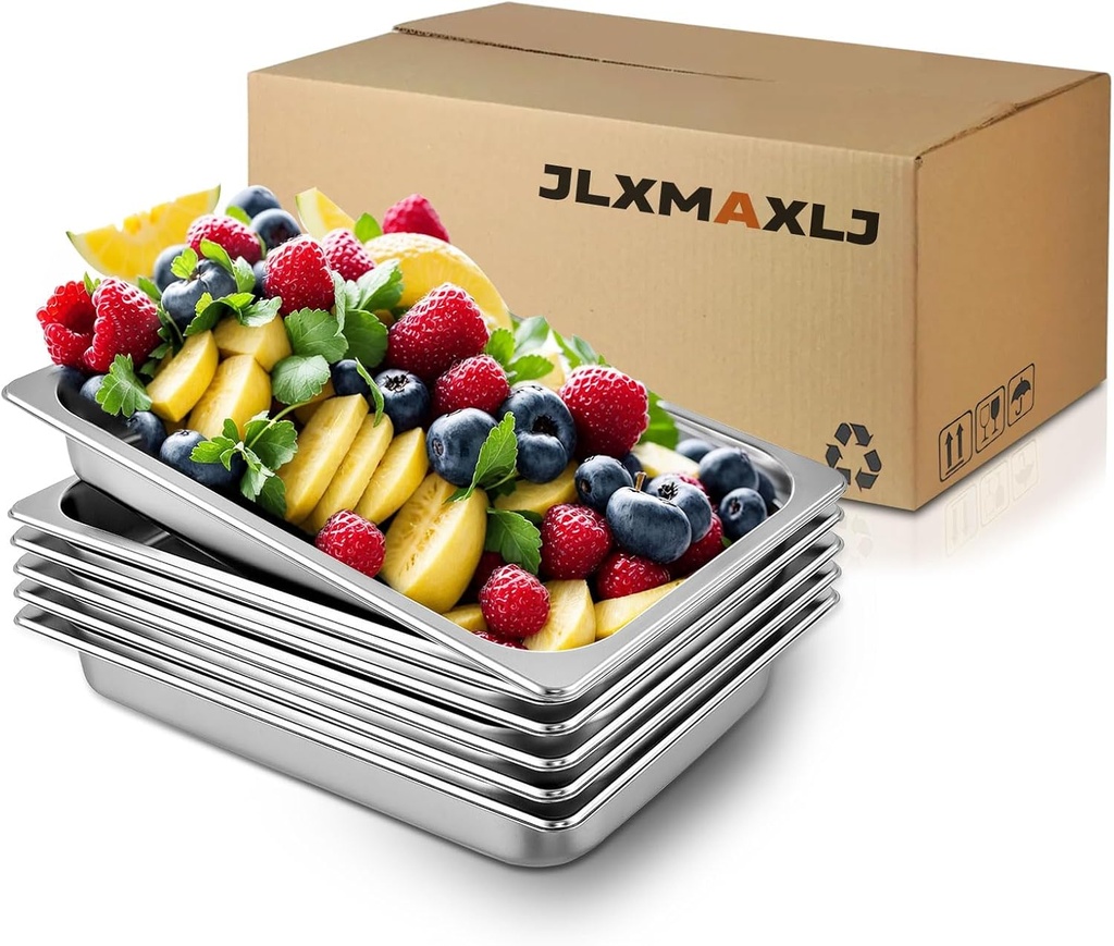 6 Pcs 1/1 Size Hotel Pan, 2.5 Inch Deep Stainless Steel Steam Table Pan Commercial Catering Food Pan for Commercial Kitchen Supplies