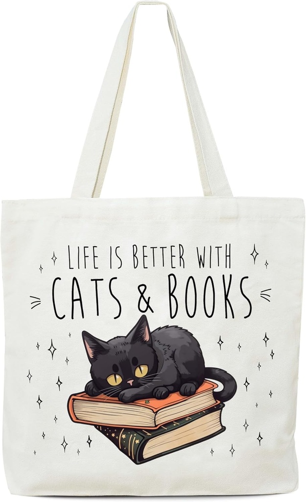 Women's Canvas Tote Bags, Life Is Better With Cats And Books Tote Bag, Reusable Cute Cat Themed Book Tote, Gifts For Readers Friends Mom Colleagues, Christmas Thanksgiving Presents-15