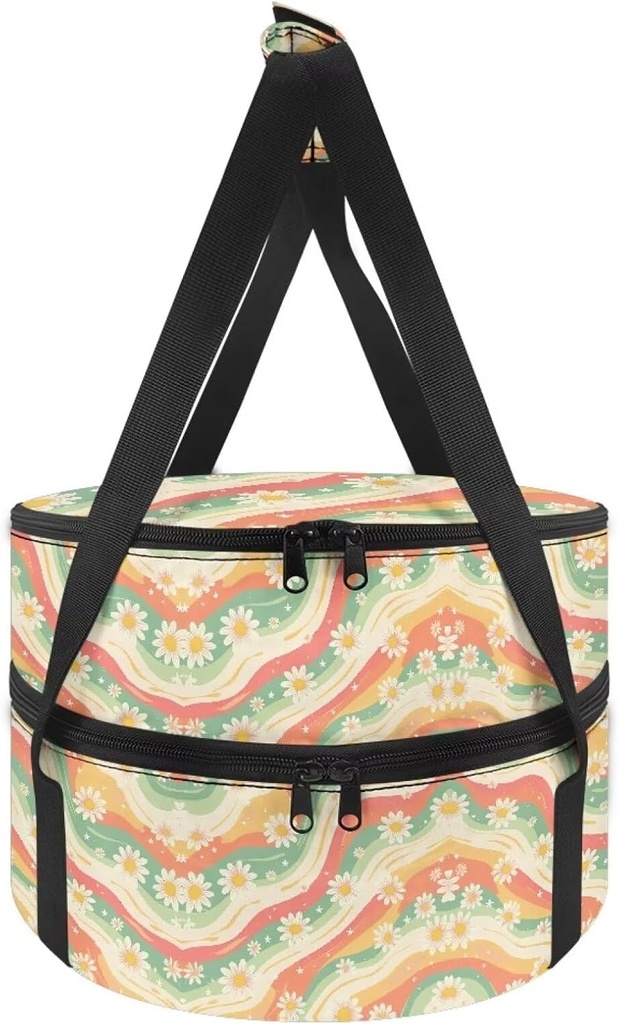Insulated Casserole Carrier, Hippie Flower Wear-Resistant Round Double Decker Insulated Casserole Carrier for Hot and Cold Food Reusable Pie Carrier Cake Carrier Dish Carrying Case