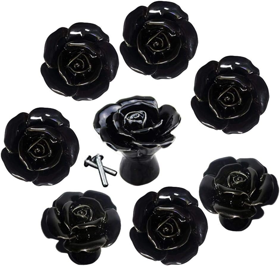 DLD 8PCS Black Ceramic Vintage Floral Rose Door Knobs Handle Drawer Kitchen + Screw (Black)