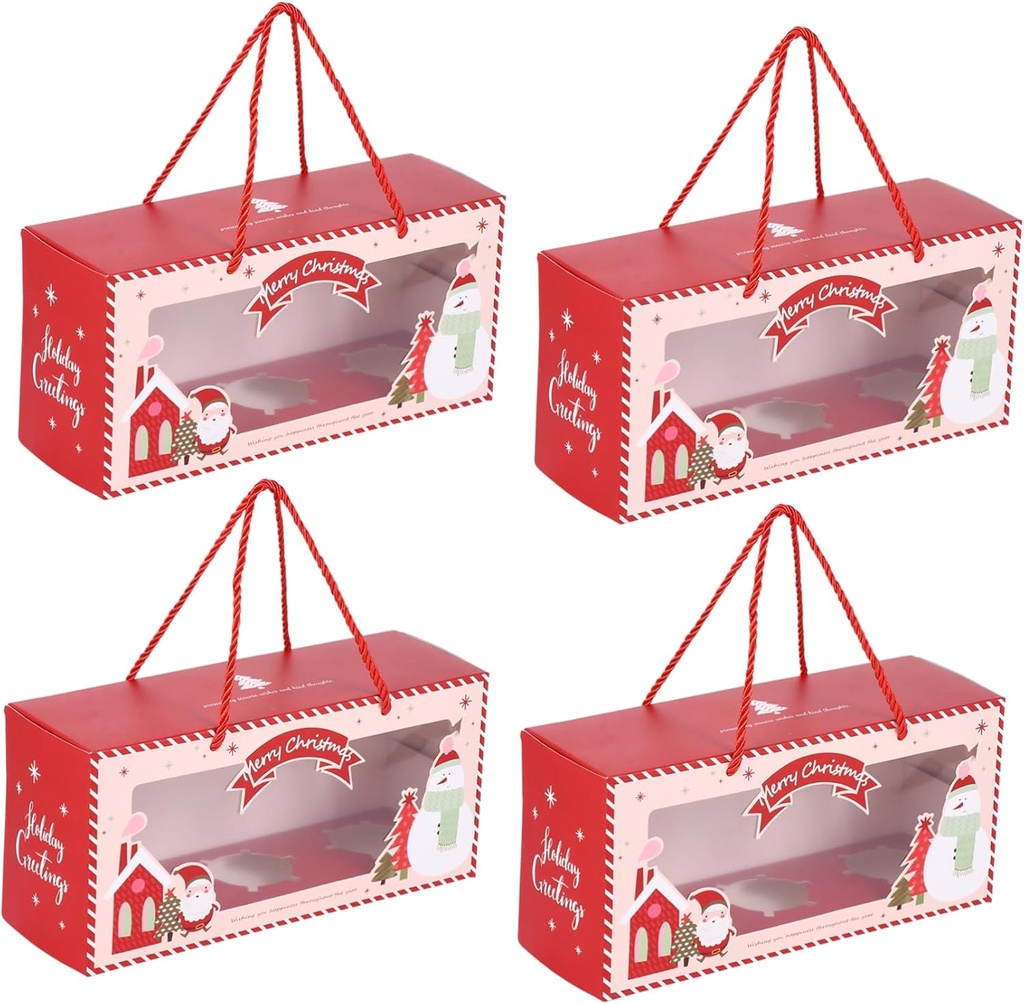 4Pcs Christmas Paper Cupcake Boxes with Window Portable Cupcake Holders for Muffins and Treats Red Festive Design for Parties