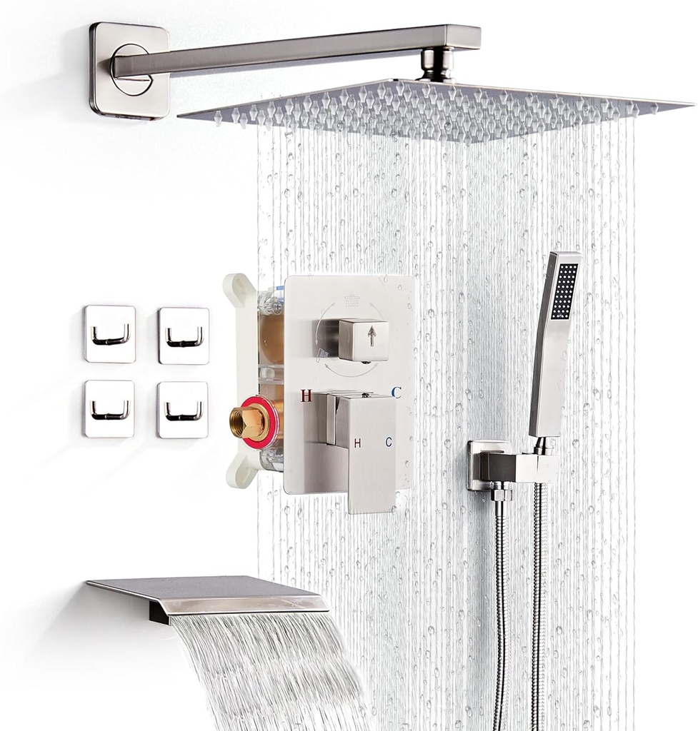 Shower Faucet Set with Tub Spout, Brushed Nickel Rainfall Shower System Complete Wall Mounted for Bathroom with 10 Inch Square Shower Head and Handheld Shower Head Rain Mixer Combo Set