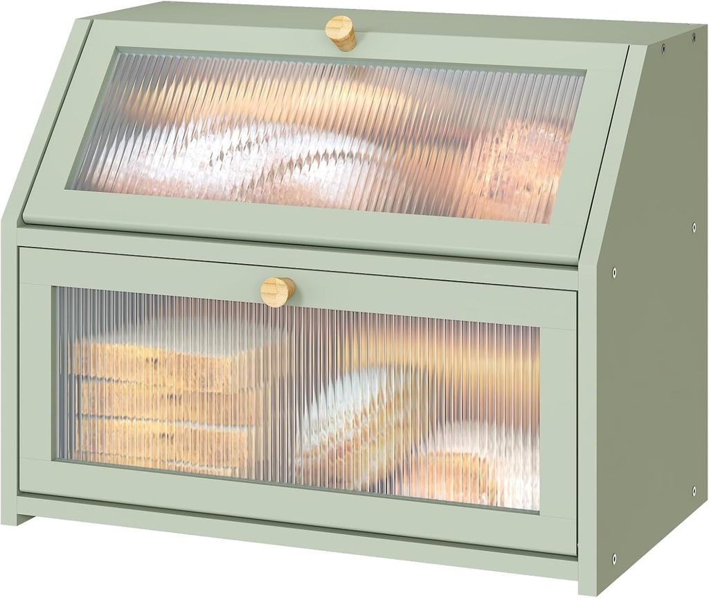 Green Bread Box for Kitchen Counter, Large Bamboo Wood Double Layer Bread Box, Wooden Bread Storage Capacity