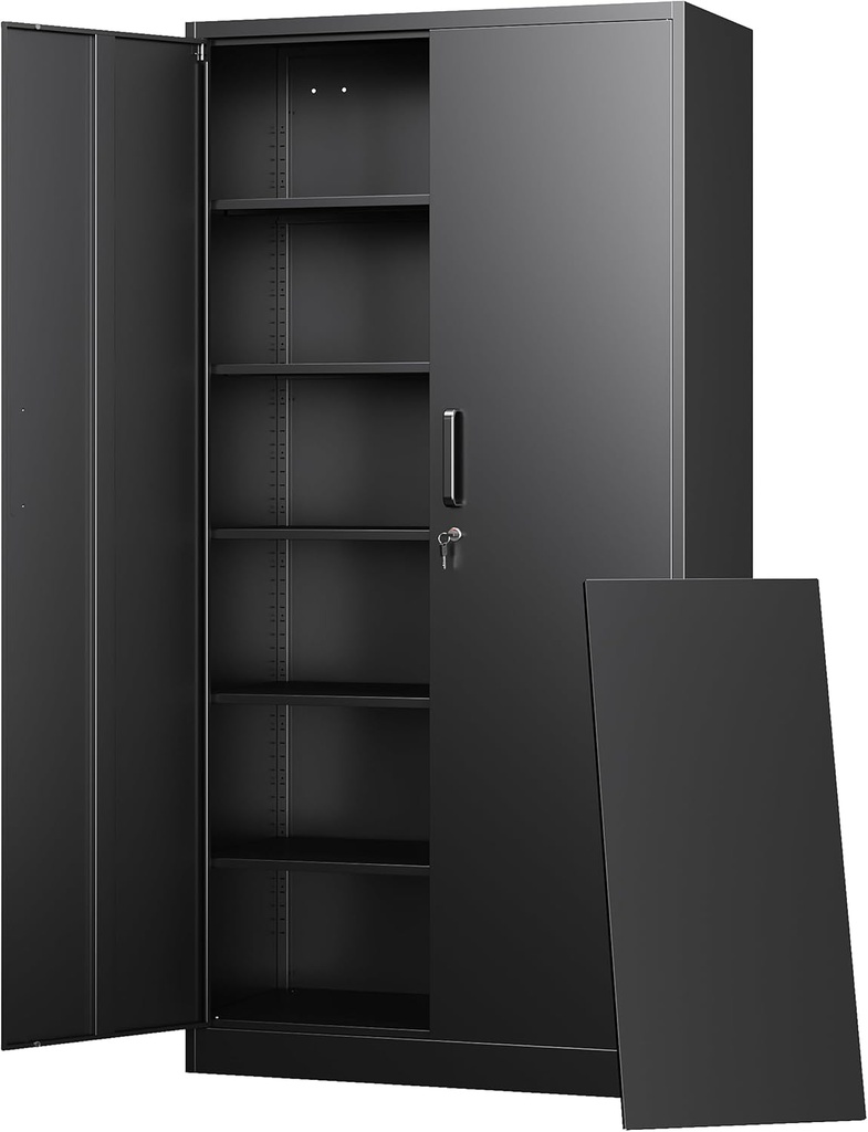 Letaya Metal Storage Cabinets with Lock Doors,Tall Locker Organizer Steel Garage Cabinets, 5 Adjustable Layers Shelves for Home, Office, Warehouse,Tool,Industrial(Black)