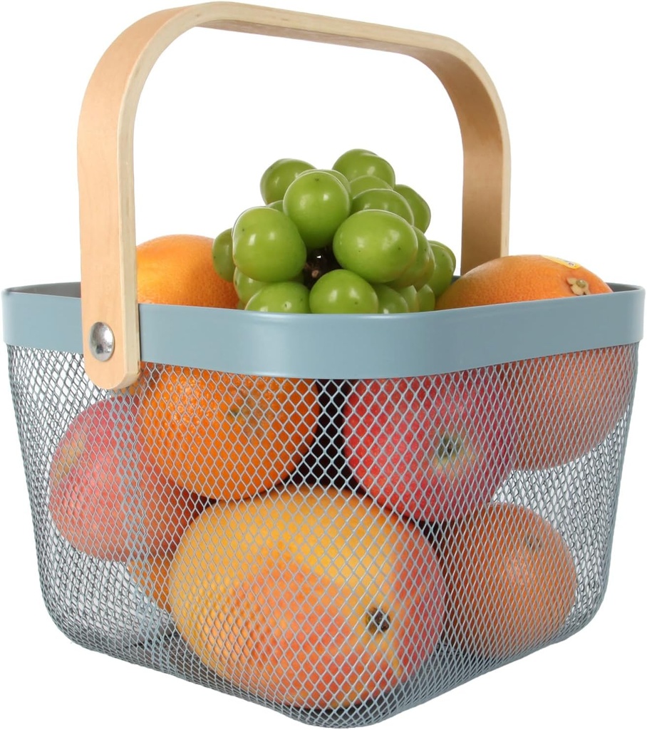 Mesh Steel Garden Harvest Basket with Wood Handle,Hanging Kitchen Baskets Outdoor Basket,Harvest Basket for Garden Vegetables,for Shopping Garden Kitchen Bathroom Home(Blue)