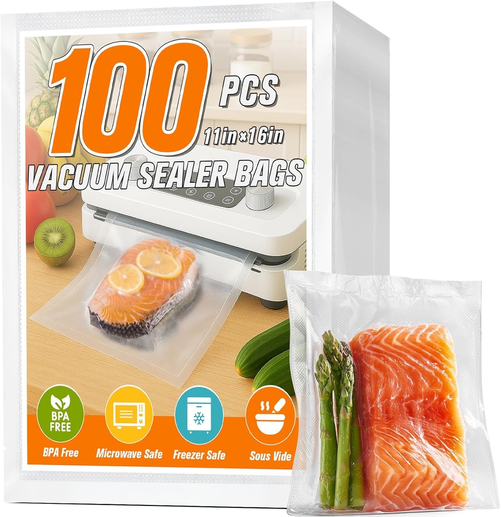 FUNFERY Precut Vacuum Sealer Bags for Food, 100 Gallon 11" x 16", Food Long-Term Storage and Sous Vide Commercial-Grade Bag, BPA Free for Microwave, Boiling,Sous Vide, Refrigerator