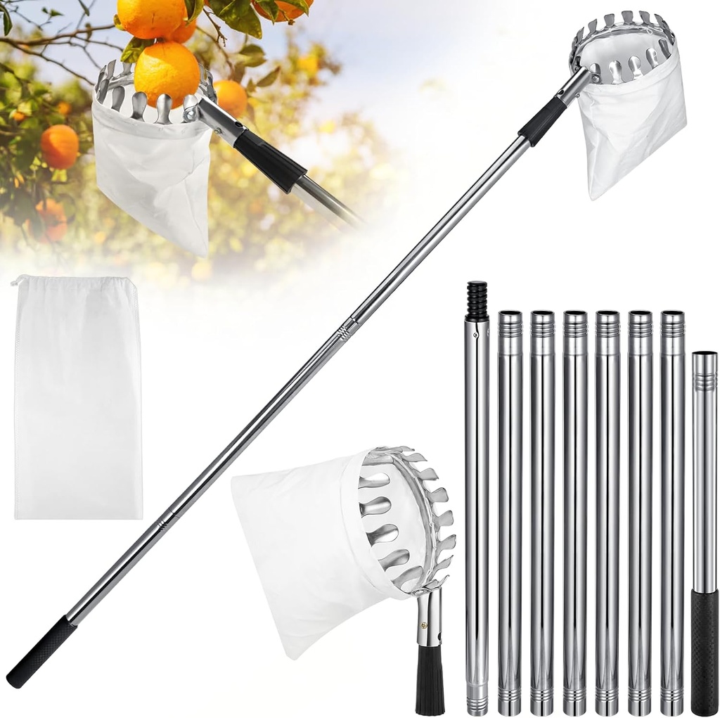 Fruit Picker Pole with Basket Telescoping, 11.5FT Adjustable Fruits Picker Tool with Lightweight Stainless Steel Pole and Big Non Woven Basket Fruits Catcher Tree Picker for Apples Mango Lemon Orange
