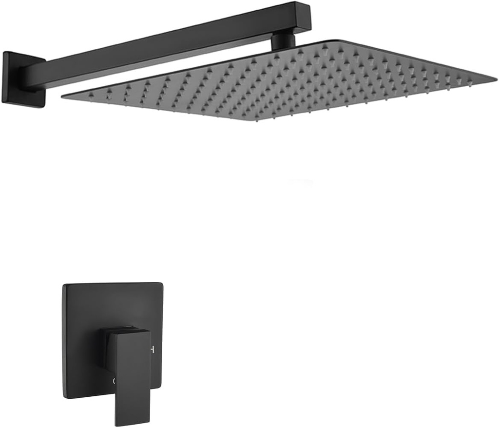 WELLFOR 10 INCH Wall Mounted Shower Faucets, Ultra-thin Square Shower System, Overhead High Pressure Rainfall Shower Head, Valve Included, Hot Cold Water, Single Handles, 2.5 GPM, Matte Black