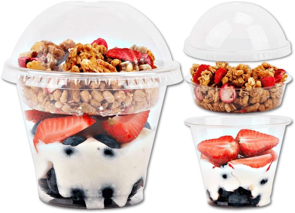 9 oz Clear Plastic Parfait Cups with Insert and Dome Lids No Hole - (50 Sets) Yogurt Fruit Parfait Cups for Kids, for Dips and Veggies, Take Away Breakfast and Snacks. No Leaking