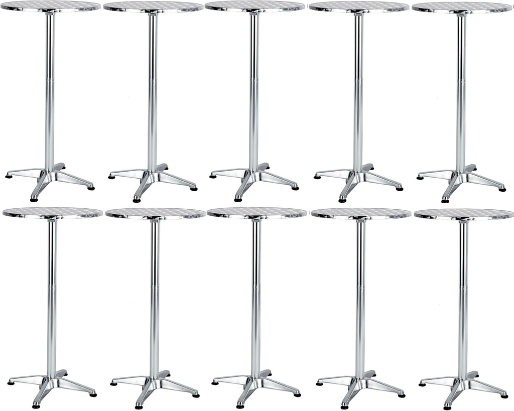BTEXPERT Set of 10, Aluminum Indoor Outdoor 23.75" Round Restaurant Bar Height 45" Table, Patio Stainless Steel Silver Furniture 25.75" Base, Flip Top