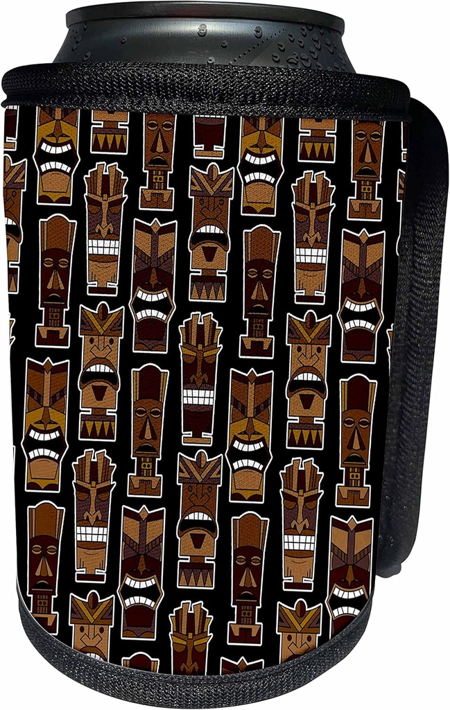 3dRose - Janna Salak Designs Tiki Masks - Tropical Tiki Print Small - Brown on Black - Can Cooler Bottle Wrap (cc-77483-1)