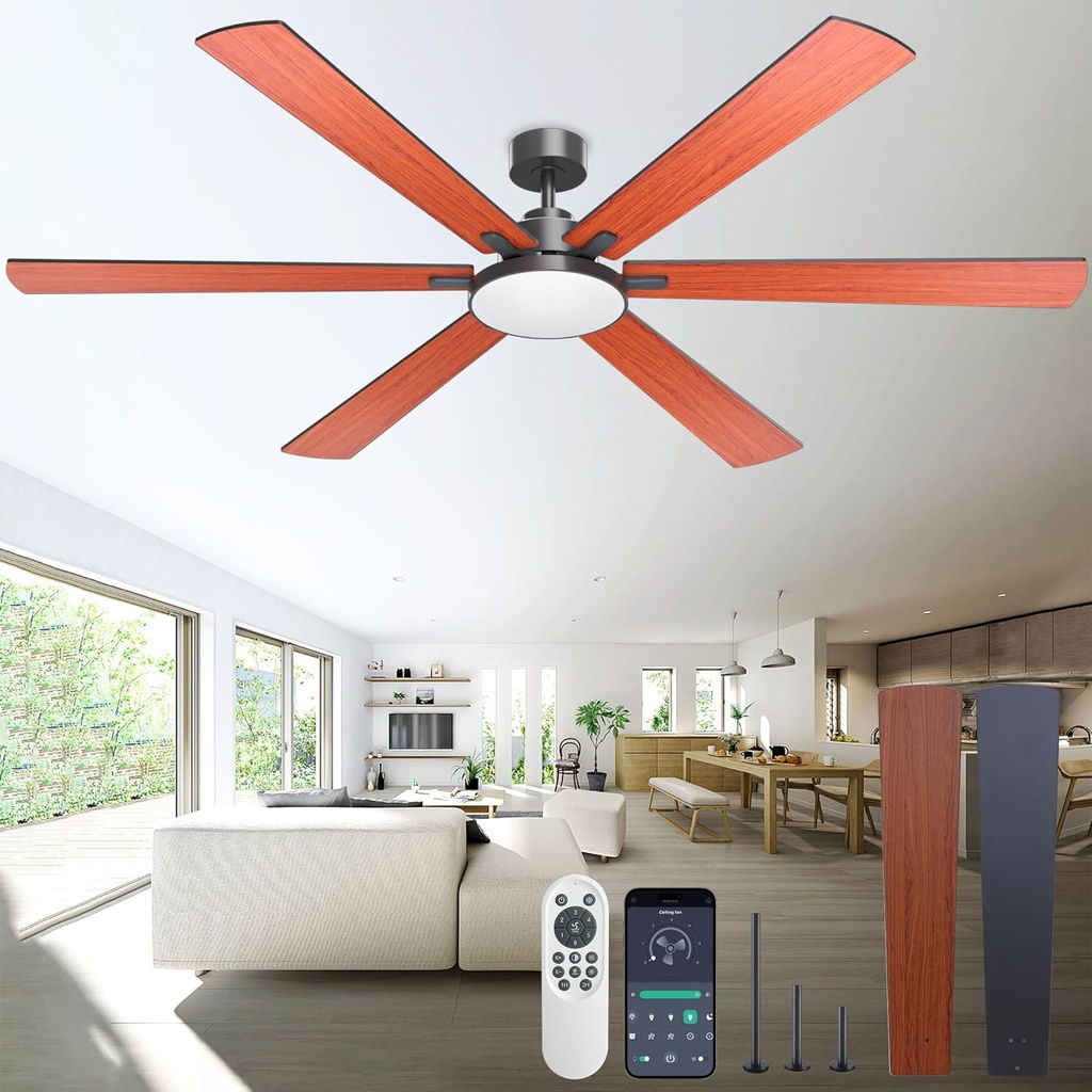 80 inch Ceiling Fans with Lights and Remote Control,Indoor/Outdoor Flush Mount Low Profile Commercial Reversible Dimmable Wood Grain Ceiling Fans for Living Room Patio Industrial Shop.
