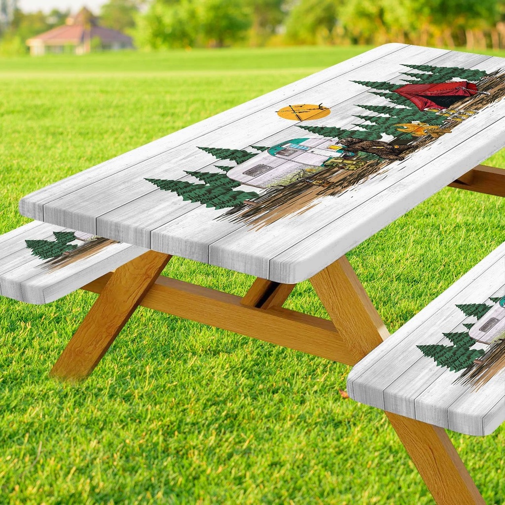 Picnic Table Cover with Bench Covers Elastic Edges, Cabin Wooden Bear Camper Fitted Table Cover, Outdoor Patio Camping Essentials 72 Inch 3PCS, Waterproof Camping