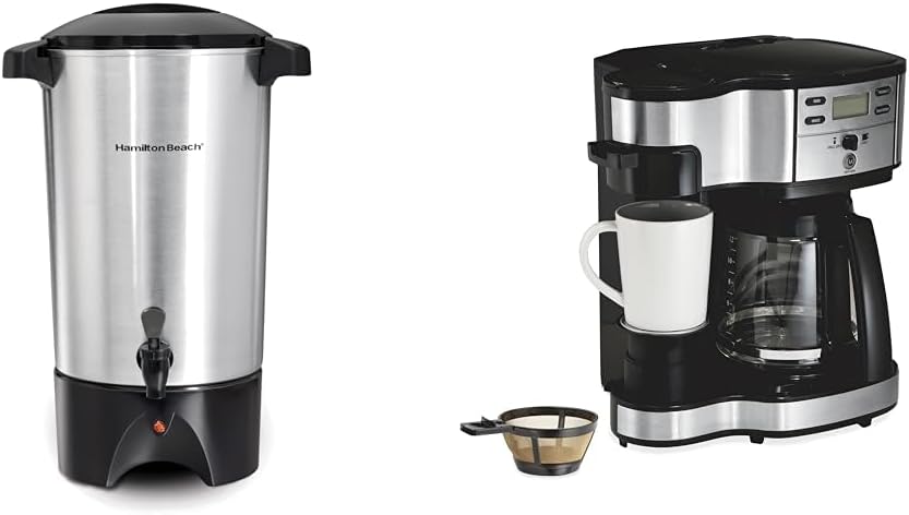 Hamilton Beach 45 Cup Coffee Urn and Hot Beverage Dispenser, Silver & 2-Way 12 Cup Programmable Drip Coffee Maker & Single Serve Machine, Glass Carafe