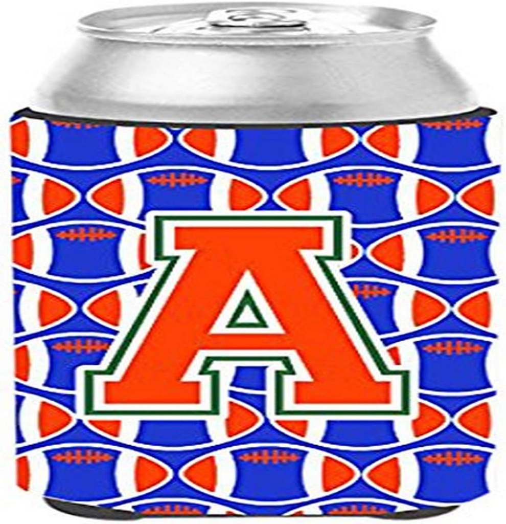 Caroline's Treasures CJ1083-ACC Letter A Football Green, Blue and Orange Can or Bottle Hugger Cooler Washable Drink Sleeve Collapsible Beverage Insulated Holder, Can Hugger, Multicolor